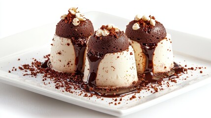 Delicious Chocolate Mousse Dessert with White Chocolate Topping and Chocolate Sauce on White Plate