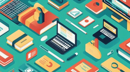 Obraz premium Educational technology graphic with icons of apps, virtual classrooms, and online resources