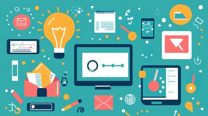 Educational technology graphic with icons of apps, virtual classrooms, and online resources