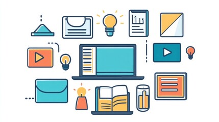 Educational technology infographic with icons for apps, online courses, and digital libraries