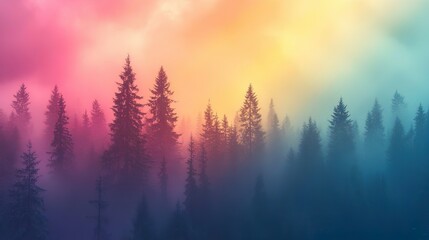 Obraz premium Bright rainbow arching over a misty forest creating a vibrant and uplifting background for wallpapers