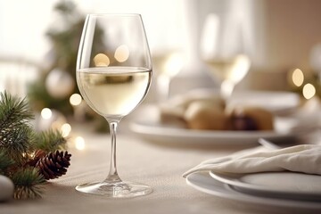 A single glass of white wine on a festive dinner table symbolizing simplicity elegance and the warmth of special moments in a serene holiday atmosphere
