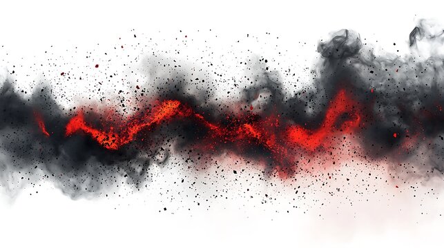 Explosion border with dark smoke and red lava isolated on a white background
