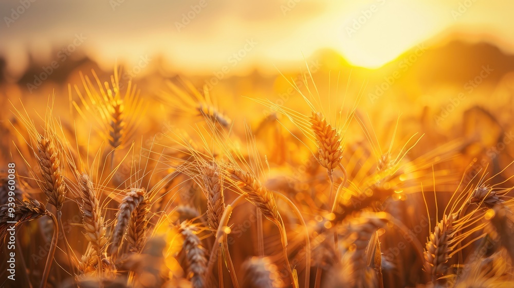 Poster sunset over a golden wheat field with a bokeh effect