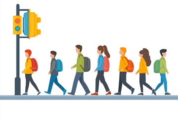 A group of students walks across the street with backpacks, waiting by a traffic light on a sunny day. Generative AI