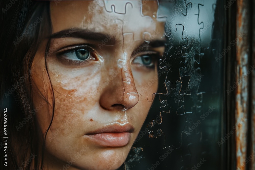Aufkleber a close up portrait of a woman with puzzle pieces on her face symbolizing identity self discovery an