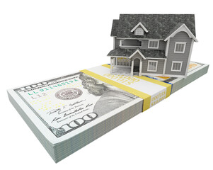 Small Miniature House Resting on Stack of Thousands of Dollars Cash Isolated. Transparent PNG.