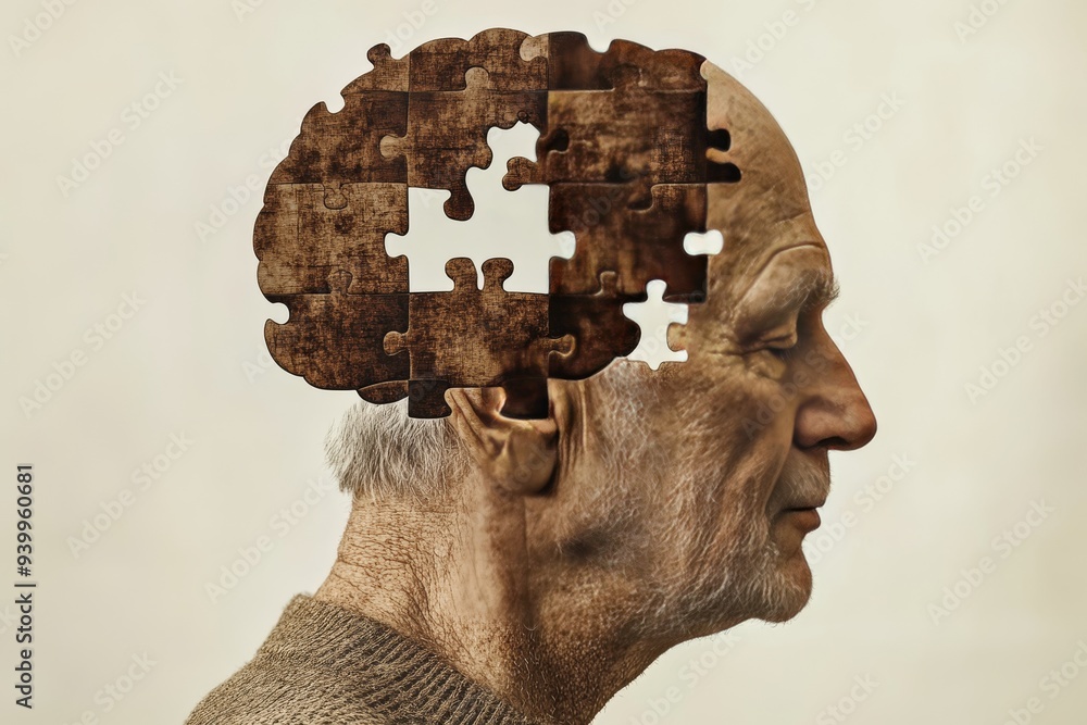Poster elderly man with puzzle pieces missing from his brain symbolizing memory loss aging dementia and the