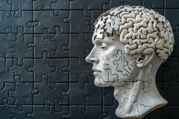 Sculpture of a human head with puzzle pieces representing the complex nature of the human mind cognitive processes and the quest for understanding in a modern abstract art style