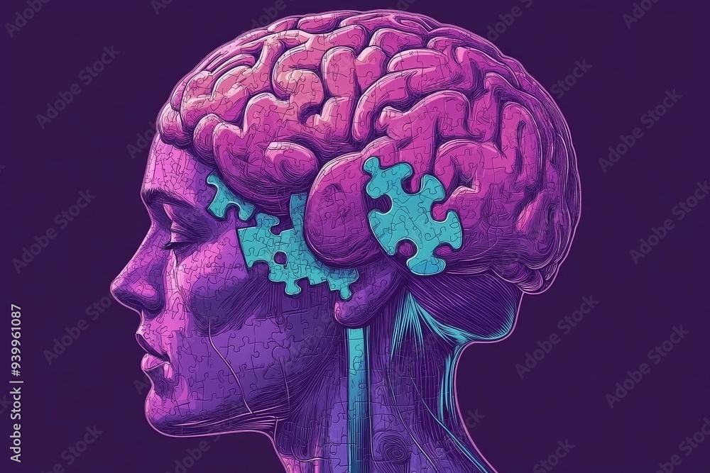 Poster digital artwork of a human head with a pink brain and puzzle pieces symbolizing the complexity of hu