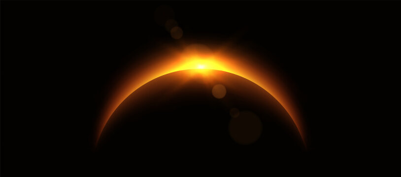 Planet eclipse, glowing flare on the horizon, sunrise over the globe. Crescent planet edge. Vector illustration
