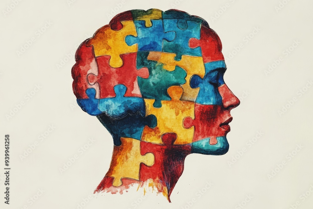 Poster abstract illustration of a human head with colorful puzzle pieces forming a brain symbolizing the di
