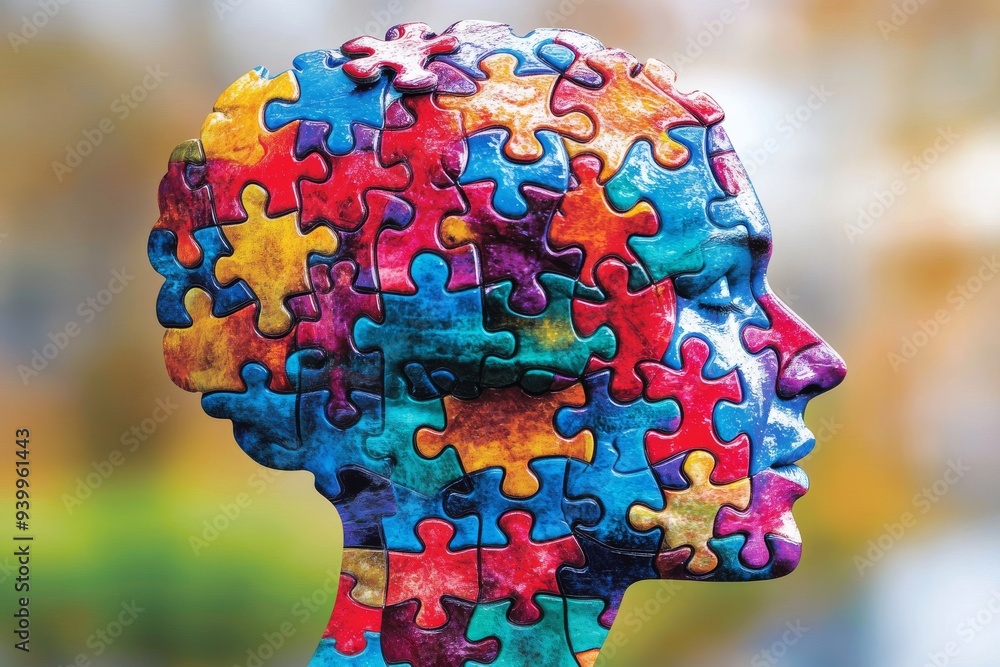 Poster profile of a person with a colorful puzzle brain symbolizing the connection between mental health cr