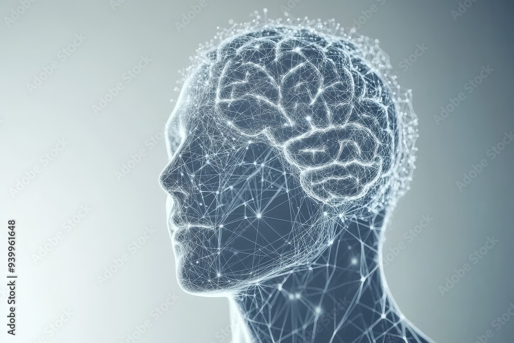 Aufkleber monochromatic wireframe illustration of a human head symbolizing neural networks artificial intellig