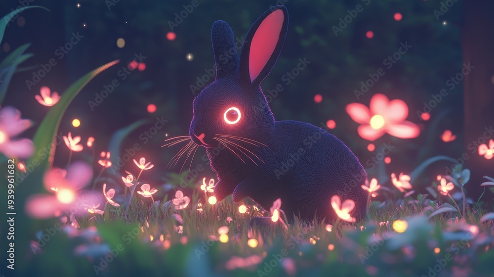 Sticker magical black rabbit in glowing flower field