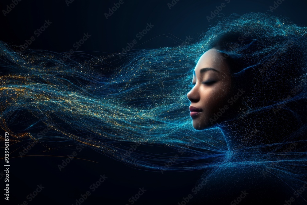 Poster serene digital artwork of a woman with flowing neural connections symbolizing mindfulness inner peac