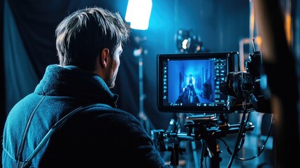 Film director reviewing footage on a monitor between takes