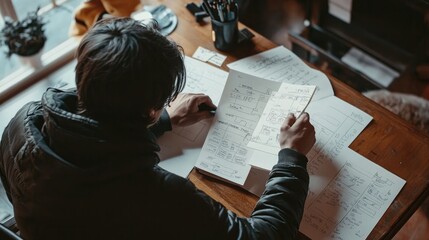 Fototapeta premium Filmmaker reviewing storyboards and shot lists before starting the shoot