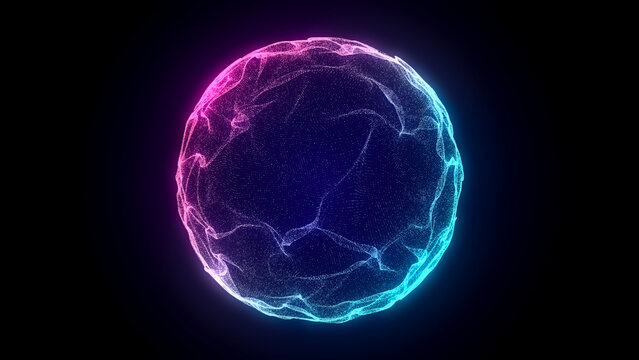 Abstract blue sphere with connecting dots. Wireframe technology sphere of particles. Big data visualization. 3d rendering.