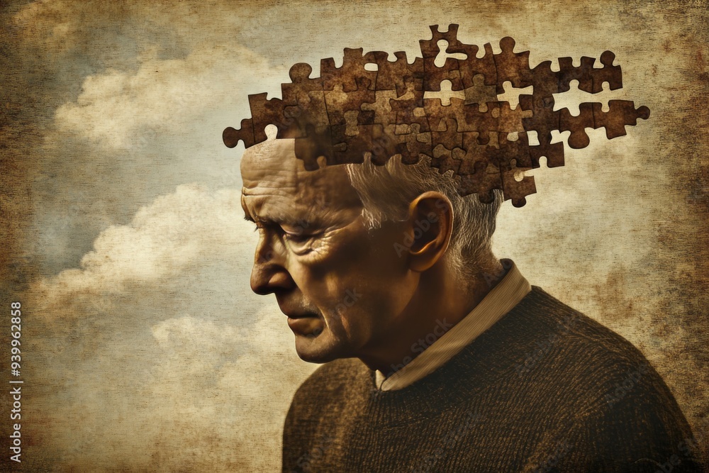 Poster elderly man with puzzle pieces missing from his head symbolizing memory loss aging and the challenge