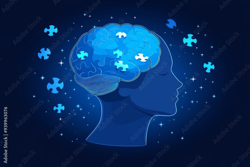 Poster illustration of a womans head with puzzle pieces representing mental health cognitive processing and