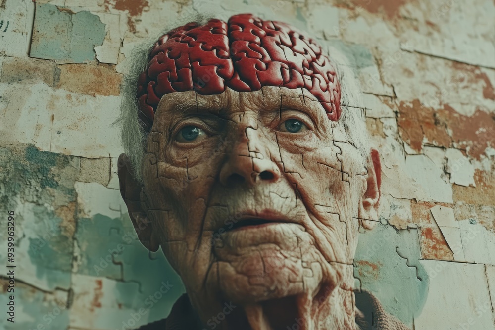 Poster portrait of an elderly man with part of his skull and brain exposed symbolizing vulnerability the fr