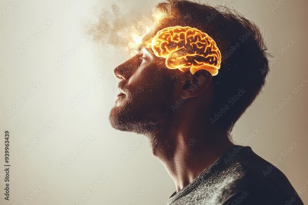 Poster profile of a man with glowing brain and neural activity symbolizing the brightness of human thought 