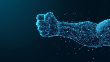 Human power low poly wireframe banner template. Polygonal physical strength, strong bodybuilder, athlete body mesh art illustration. 3D male hand muscles, flexed biceps with connected dots. 