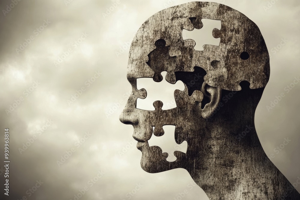 Poster surreal illustration of a person with missing puzzle pieces in their head symbolizing mental health 