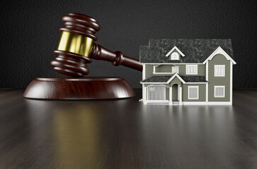 Wooden Gavel and Miniature House on a Wood Surface.