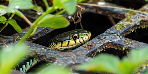 Obraz premium Garter snake moves smoothly through a metal grate encircled by greenery.