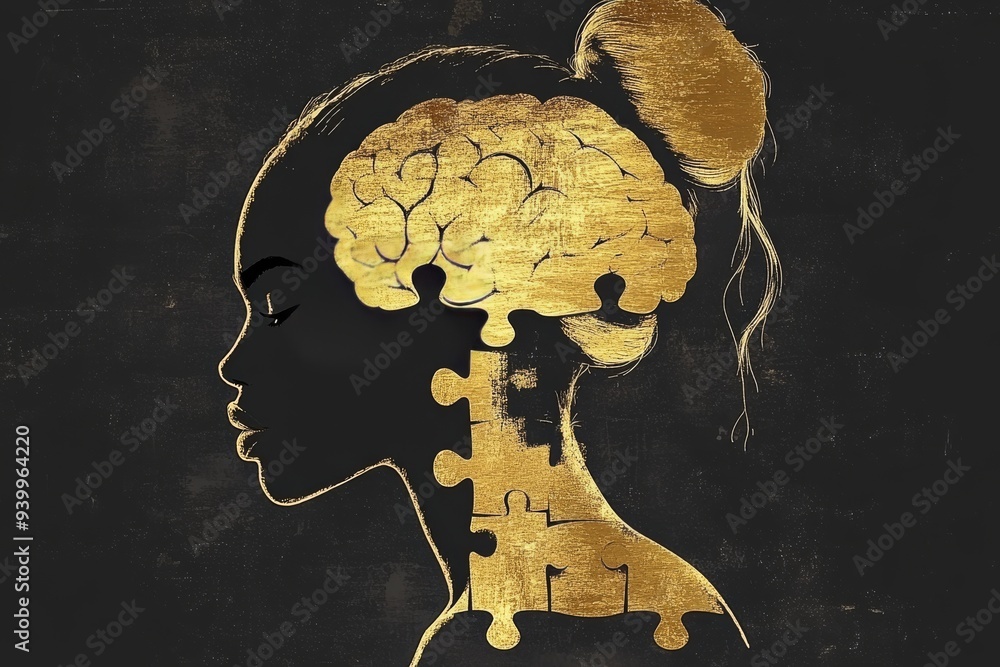 Aufkleber profile of a woman with a brain made of golden circuits symbolizing artificial intelligence cognitiv
