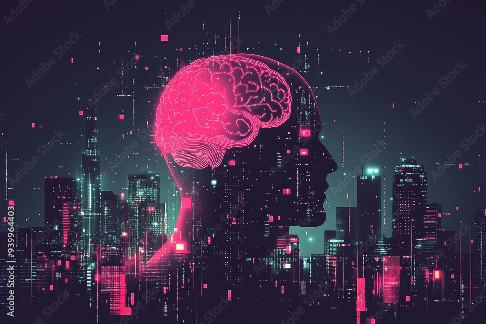 Poster digital artwork of a futuristic city with a glowing brain symbolizing the convergence of urban life 