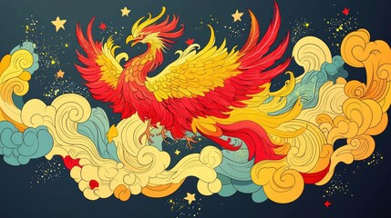 Obraz premium Mythical Phoenix Bird in Flight with Clouds and Stars