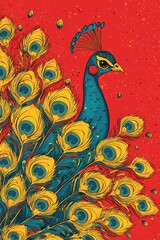 Fototapeta premium Peacock Illustration with Yellow and Blue Feathers on Red Background