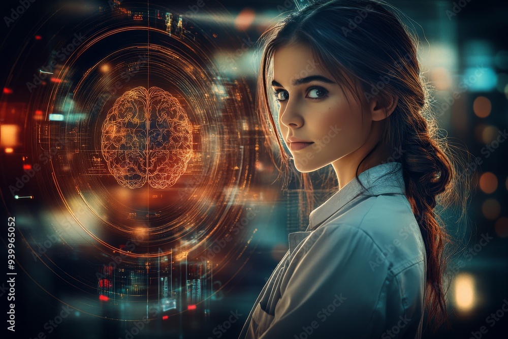 Poster futuristic digital portrait of a woman with a holographic brain interface symbolizing advanced techn