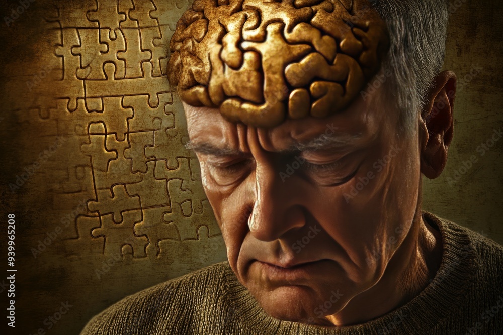 Aufkleber elderly man with a brain puzzle integrated into his head symbolizing aging memory challenges and the