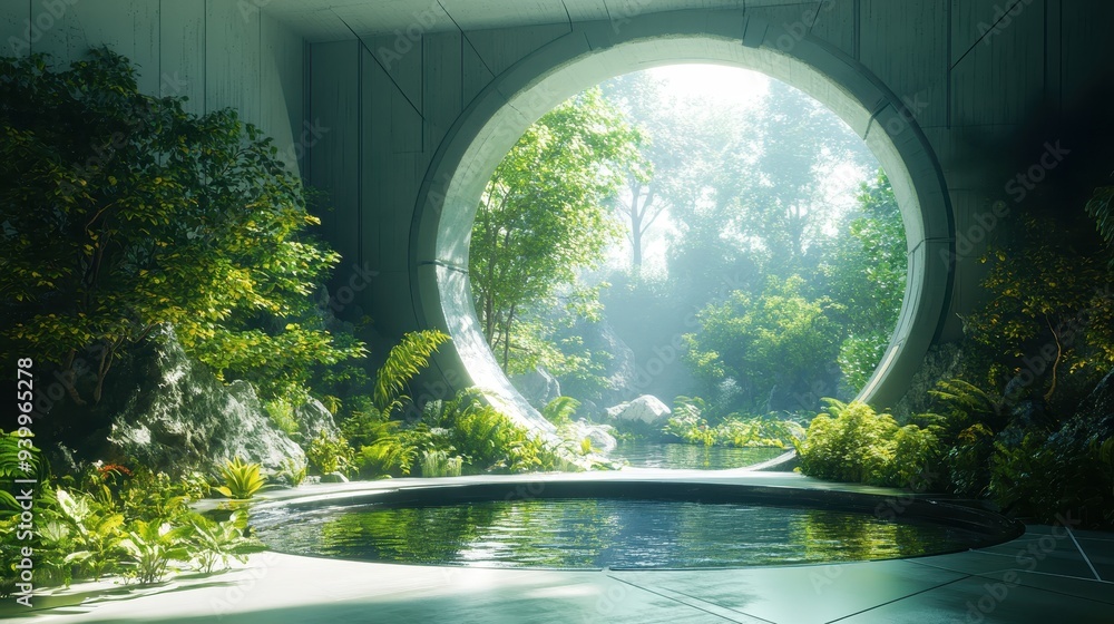 Poster futuristic architecture with circular window and pond view