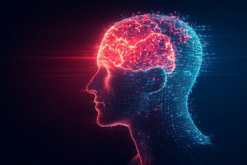 Obraz premium Digital silhouette of a person with a glowing brain symbolizing cognitive processing mental energy and the dynamic flow of thoughts in a high tech futuristic environment
