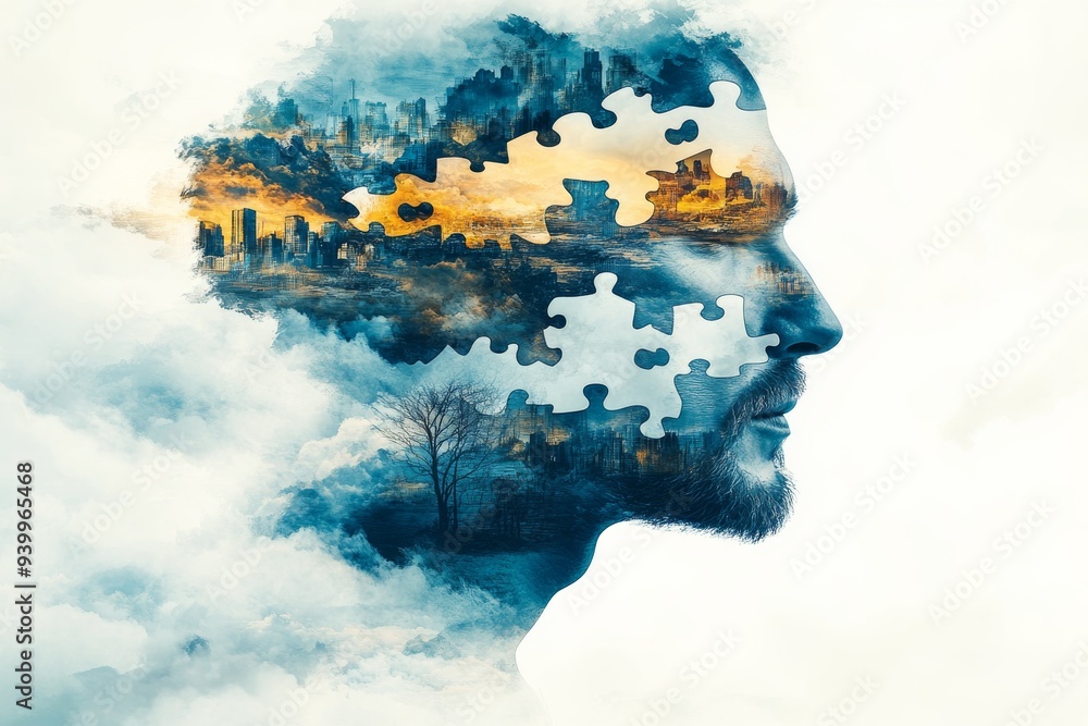Poster abstract double exposure of a human profile with clouds and puzzle pieces symbolizing the interplay 