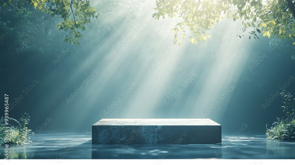 Poster stone platform with light rays in forest scene with water reflection