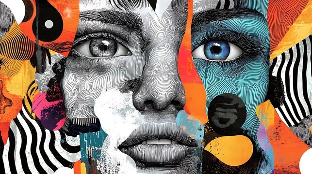 Fototapeta Abstract background with faces collage black and white and colours elements, psychology, stress wallpaper illustration