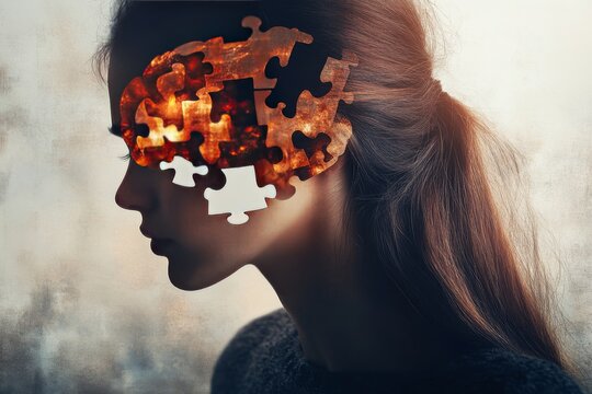 Portrait of a woman with missing puzzle pieces in her face symbolizing mental health challenges identity and the fragmented nature of thought in a modern conceptual design
