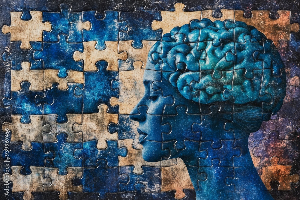 Poster abstract illustration of a human brain made of puzzle pieces set against a backdrop of missing eleme