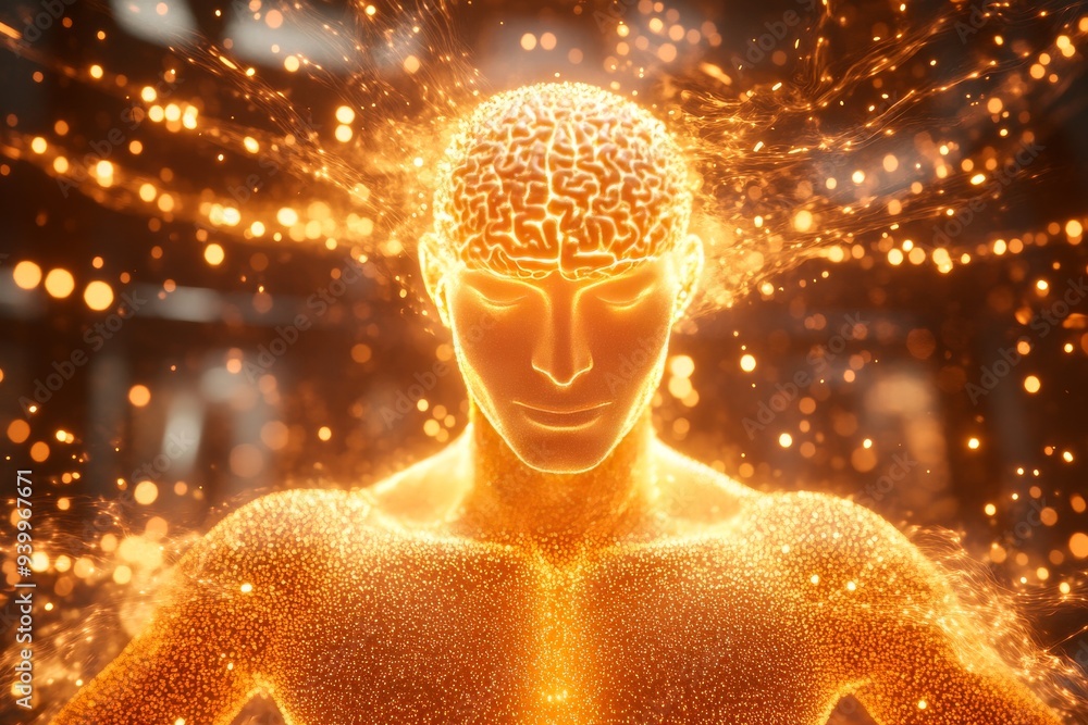 Poster radiant figure composed of neural networks and golden light embodying the synergy between human cons
