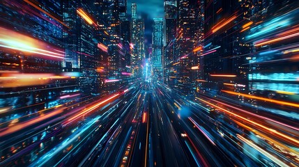 Naklejka premium Speed light trails path through smart modern mega city and skyscrapers town with neon futuristic technology background, future virtual reality, motion effect, high speed light