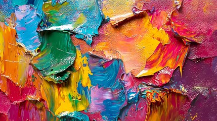 Closeup of abstract rough colorful multicolored art painting texture, with oil brushstroke, pallet knife paint on canvas
