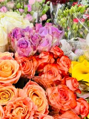 close up bouquets of pink white purple roses . side view . holiday, gift copy space . flower shop