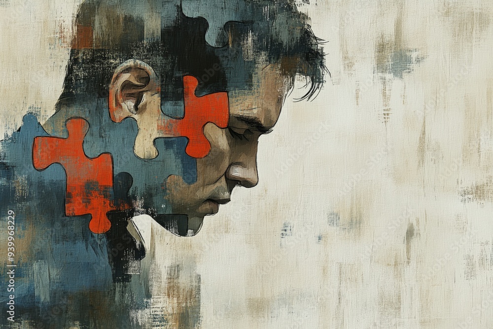 Poster abstract art of a man with puzzle pieces missing symbolizing mental health challenges emotional stru