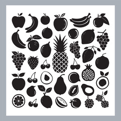 Fruits silhouette icon set, symbol style, Fruits Apple, banana, orange, mango, grape, pineapple, strawberry, watermelon, pear, cherry, kiwi, blueberry, papaya, peach, pomegranate silhouette